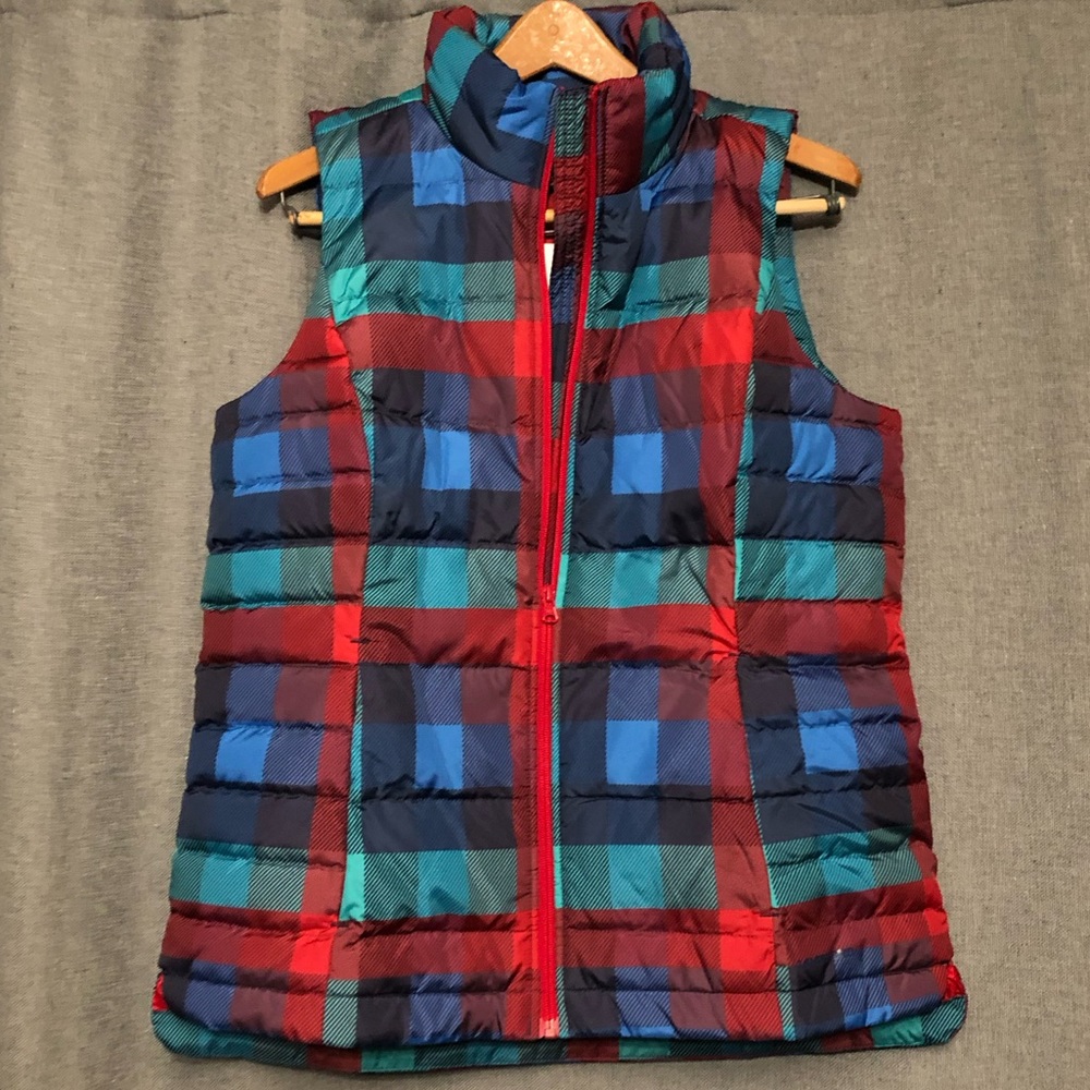 Lands' End Down Puffer Vest 600 fill power blue Red Plaid Medium 10-12 Tall NEW
